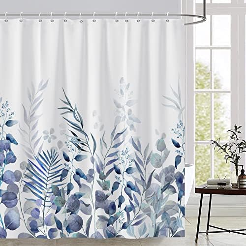 AWERT Shower Curtain Plants for Bathroom,Waterproof Quick-Drying Blue Leaves Shower Curtain Set with Hooks 72x84 Inch