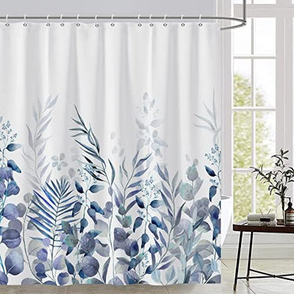 AWERT Shower Curtain Plants for Bathroom,Waterproof Quick-Drying Blue Leaves Shower Curtain Set with Hooks 72x84 Inch