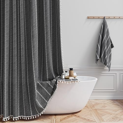 BTTN 72x96 Extra Long Boho Linen Heavy Duty Shower Curtain, Charcoal Grey