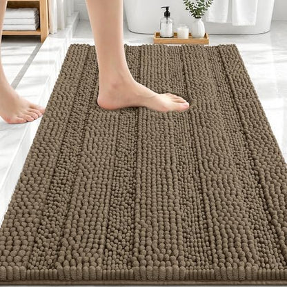 OLANLY Thick Bathroom Rugs 30x20, Soft Chenille Striped Bath Rugs, Tan