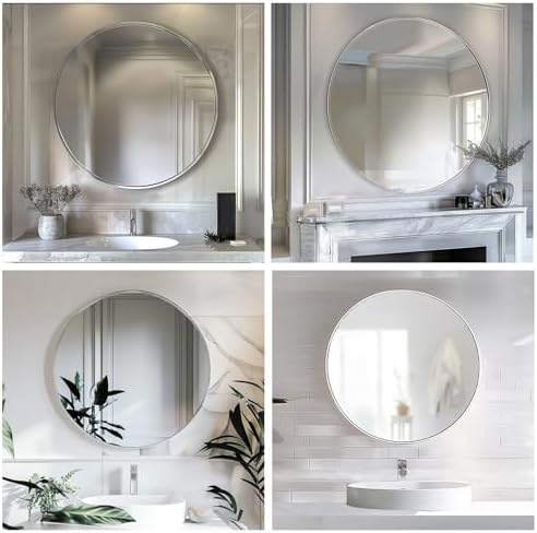 Sunniry 18 inch Round Mirror, Round Wall Mirror, Brushed Silver Metal Frame