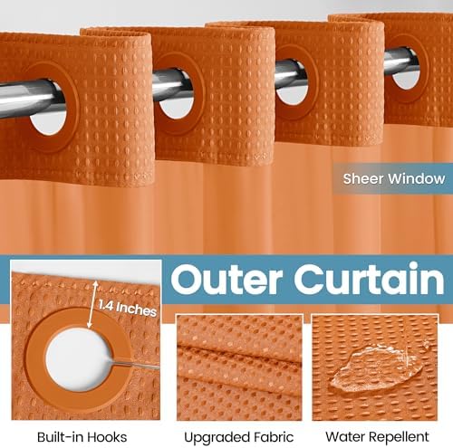 Heavyweight Waffle No Hook Shower Curtain with Liner, Burnt Orange, 71x74