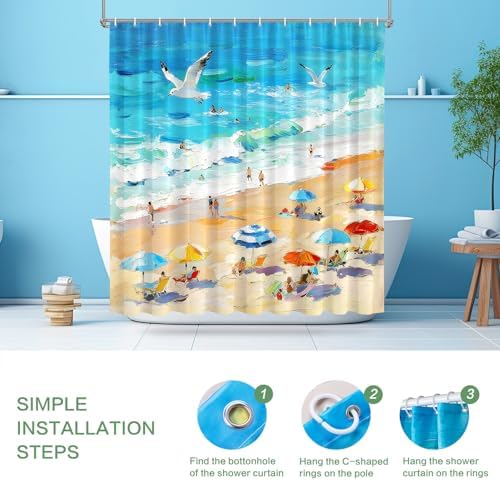 Summer Shower Curtain, Oil Painting Beach Ocean Shower Curtain Coastal Nautical Scene Seaside Seacoast Waterproof Fabric Bathroom Decor, Vacation Themed Bath Curtain for Home, Hotel & Resort