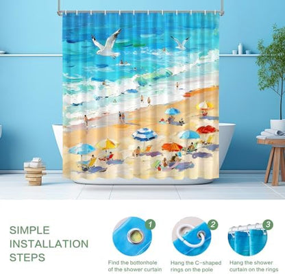 Summer Shower Curtain, Oil Painting Beach Ocean Shower Curtain Coastal Nautical Scene Seaside Seacoast Waterproof Fabric Bathroom Decor, Vacation Themed Bath Curtain for Home, Hotel & Resort