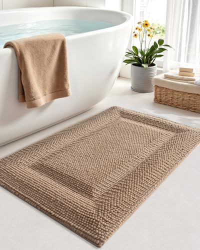 DEXI Bathroom Rugs 24x16, Non Slip Washable Chinelle Bath Mat, Dark Beige