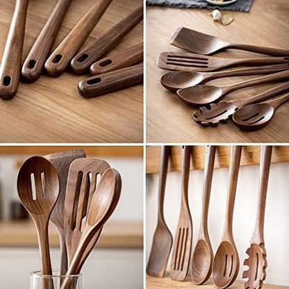 Gudamaye 12 inch Black walnut Wooden spoons for cooking, 6 PCES Long Handel Wooden Spoons, Natural Black walnut Wooden utensil for cooking, Wooden Kitchen Utensil set