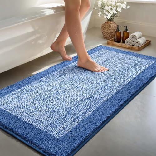 70x24 Long Bathroom Rugs Non Slip Washable, Soft Absorbent Bath Mat Blue