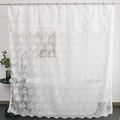 White Lace Shower Curtain 72x72, Vintage with Attached Valance, 1 Panel