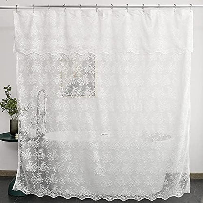 White Lace Shower Curtain 72x72, Vintage with Attached Valance, 1 Panel