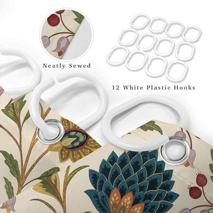 Vintage Floral Shower Curtain for Bathroom, Rustic Farmhouse Beige and Teal Sage Green Boho Botanical Shower Curtains, Retro Cottagecore Wildflower Aesthetic Bath Curtain Set with Hooks， 60 x 72 Inch
