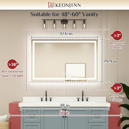 Keonjinn 48x30 Inch LED Bathroom Mirror with Lights, Frontlit & Backlit