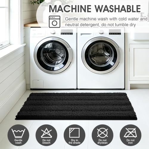 ACCUMTEK Striped Black Bathroom Rug Mat Set 2 piece 24"x17"+48"x20" Ultra Soft, Non Slip Chenille Bath Rugs, Absorbent Plush Shaggy Bath Mats for Bathroom, Bedroom, Kitchen, Shower, Tub