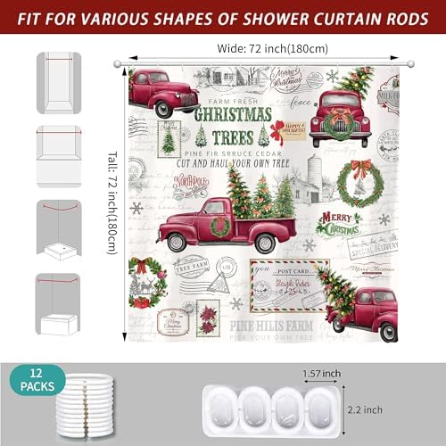 Vintage Christmas Farmhouse Shower Curtain for Bathroom 72W*72H Inch Red Truck Xmas Tree Winter Snowflake Wreath Classical Country Holiday Decorations Bathtub Decor Waterproof Polyester Fabric Set