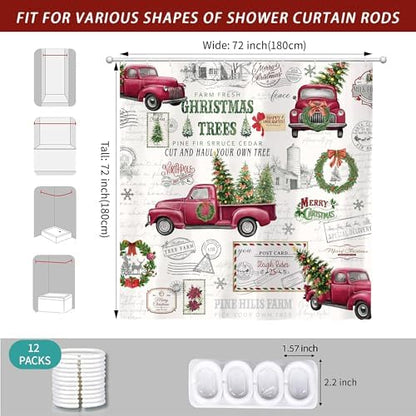Vintage Christmas Farmhouse Shower Curtain for Bathroom 72W*72H Inch Red Truck Xmas Tree Winter Snowflake Wreath Classical Country Holiday Decorations Bathtub Decor Waterproof Polyester Fabric Set