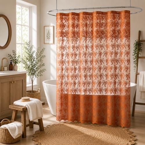 Orange Lace Shower Curtain with Attached Valance, 72x72, Terracotta