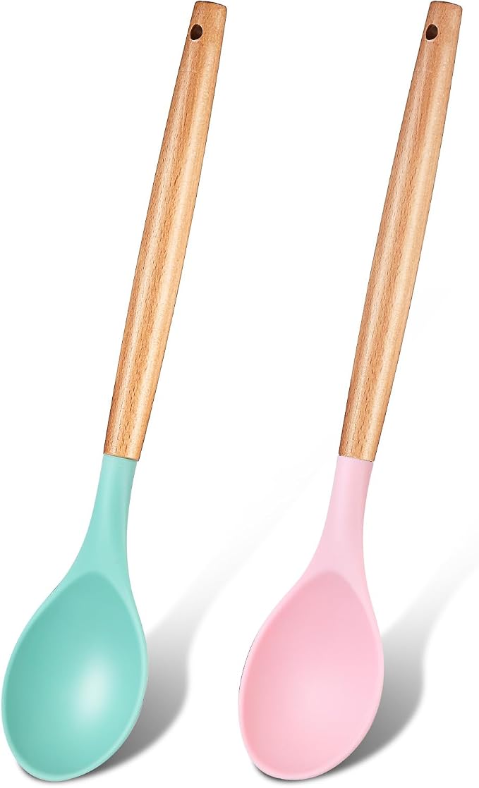 Patelai 2 Pieces Silicone Nonstick Mixing Spoon Kitchen Cooking Spoons Serving Spoon with Wooden Handle Heat Resistant Utensil Spoons for Mixing, Baking, Serving and Stirring (Green, Pink)