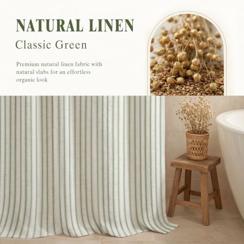 Farmhouse Striped Shower Curtain Green Vintage Linen Curtain 72"W X 72"L