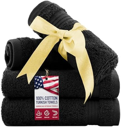 American Veteran Towel, 100% Cotton Turkish Washcloths for Bathroom Essentials 4 Pack, Soft Absorbent Wash Cloths Quick Drying Small Towels Washrags, Black