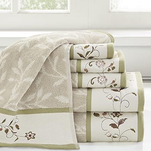 Madison Park Serene 100% Cotton Bath Towel Set Luxurious Floral Decorative Towels for Bathroom Embroidered Cotton Jacquard Design Soft Highly Absorbent for Shower 600 GSM, Multi-Sizes, Green 6 Piece