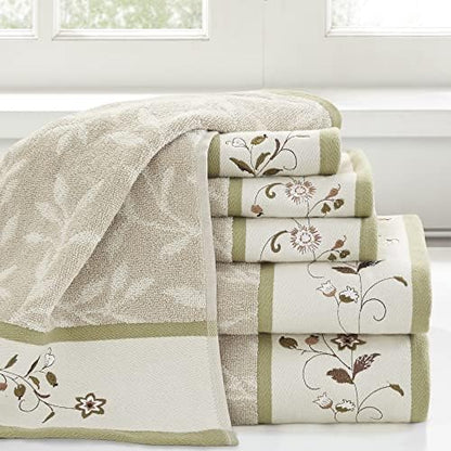 Madison Park Serene 100% Cotton Bath Towel Set Luxurious Floral Decorative Towels for Bathroom Embroidered Cotton Jacquard Design Soft Highly Absorbent for Shower 600 GSM, Multi-Sizes, Green 6 Piece