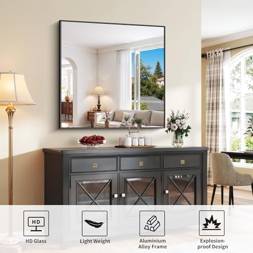COFENY Black Bathroom Mirror for Wall, 39x39 Inch Square Mirror with Metal Frame, Black Modern Vanity Mirrors for Bathroom Sink, Living Room, Entryway Hangs Horizontal or Vertical