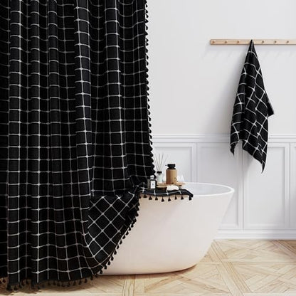 BTTN Black and White Boho Farmhouse Linen Heavy Duty Shower Curtain, 72x72