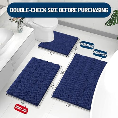 Grandaily Chenille Striped Toilet Rugs U-Shaped 24x20, Extra Soft and Absorbent Bathroom Rugs, Non-Slip Plush Shaggy Bath Rug, Machine Washable Contour Bath Mats for Toilet Base, Navy