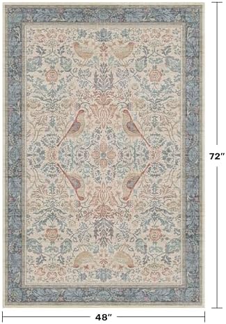 Boho Floral Bird Pattern 4x6 Large Mudroom Rug - Natural Red Blue Washable Reading Corner Area Rug, Modern Vintage Kitchen Floor Carpet, Low Pile Non-Slip Carpet for Door Mat Indoor Entrance