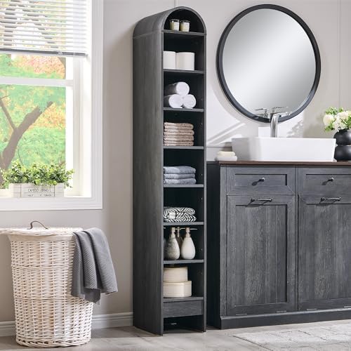 IFBUY 67" Tall Arched Bathroom Storage Cabinet, 8-Tier Modern Farmhouse Storage Cabinet with Adjustable Shelves, Wood Freestanding Cabinet for Bathroom, Living Room, Entryway, Hallway (Dark Grey)