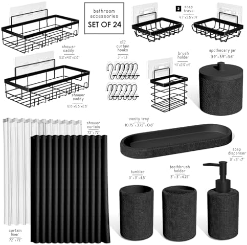 Clara Clark Bathroom Set - Black Bathroom Accessories Set, 24PC Bathroom Accessory Set, Bathroom Sets with Shower Curtain Set, Adhesive Corner Shower Caddy Hanging & Soap Dispenser