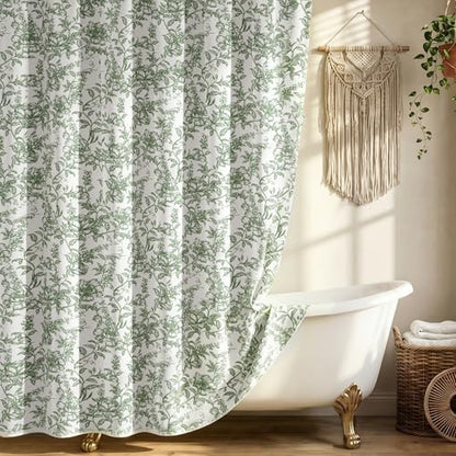 Farmhouse Sage Green Floral Shower Curtain with 12 Clear Rings 72" Wx84" L