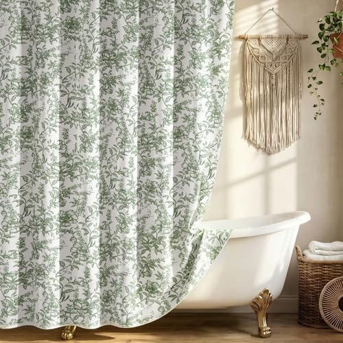 Farmhouse Sage Green Floral Shower Curtain with 12 Clear Rings 72" Wx84" L