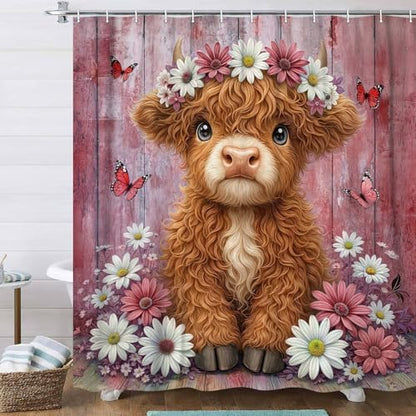 Cute Cow Shower Curtain, Farmhouse Rustic Pink Floral Daisy Highland Cow Shower Curtains for Bathroom, Calf Country Farm Animal Garden Plant Fabric Bathroom Decor with Hooks, 54x72 inch