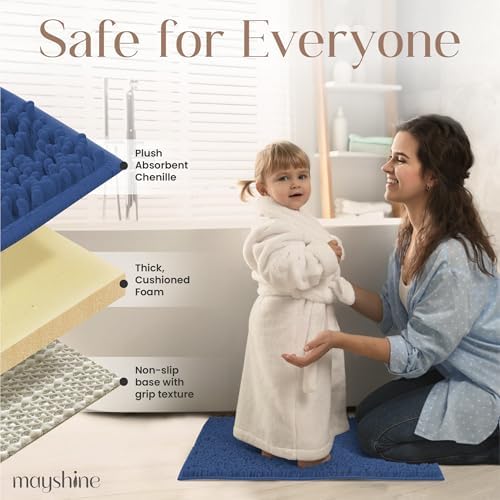 MAYSHINE Small Plush Shaggy Chenille Bath Mat 23"x14" Extra Soft, Super Absorbent, Non-Slip Bathroom Rug | Fluffy Microfiber, Area Rug Sets for Bathroom Floor, Kitchen, Living Room | Dark Blue