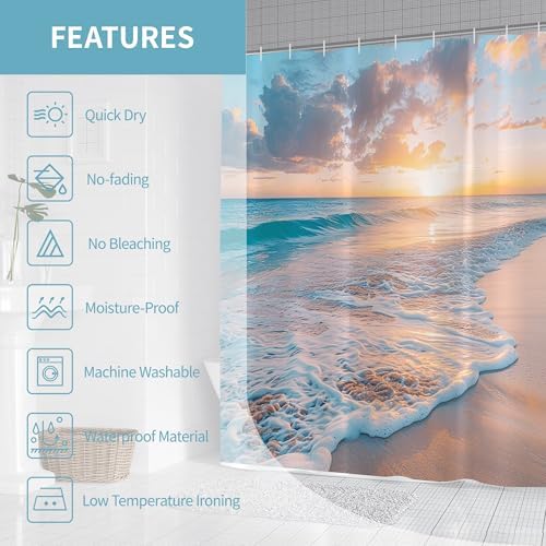 Ocean Beach Coastal Nautical Summer Sunset Shower Curtain for Bathroom 72W*72H Inch Seaside Seacoast Beachy Waves Bathtub Decor Seascape Neutral Cool Waterproof Polyester Fabric Set with 12 Hooks