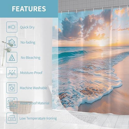 Ocean Beach Coastal Nautical Summer Sunset Shower Curtain for Bathroom 72W*72H Inch Seaside Seacoast Beachy Waves Bathtub Decor Seascape Neutral Cool Waterproof Polyester Fabric Set with 12 Hooks