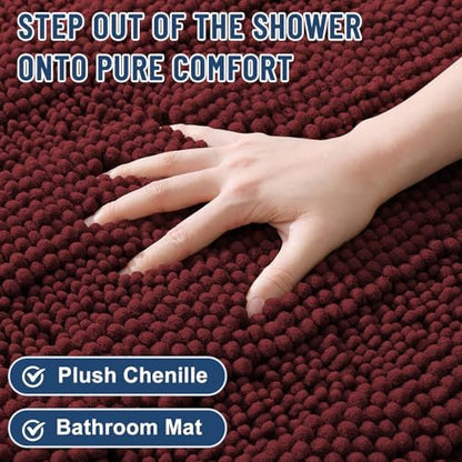 Grandaily Chenille Striped Bathroom Rugs 36x24, Extra Thick and Soft Absorbent Bath Mats, Rubber Backing, Plush Shaggy Shower Carpet, Machine Wash Dry, Bath Rug for Bathroom, Reddish Brown