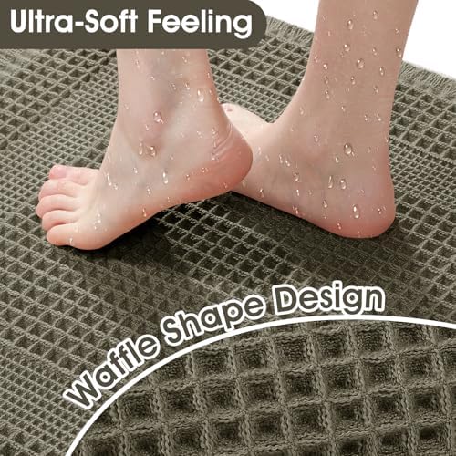 Upgraded Waffle Bath Mat Set 2 Piece Greyish Green-Looped, Super Absorbent Non-Slip Quick Dry Bathroom Rugs with Tassels, Machine Washable Ultra Soft Boho Bath Rugs, Toilet Mats Boho Farmhouse Decor
