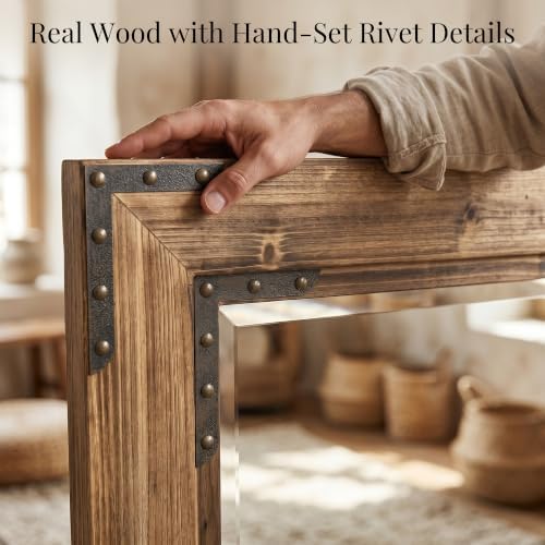 Rustic Brown 24x36 Inch Wood Bathroom Vanity Mirror, Rivets