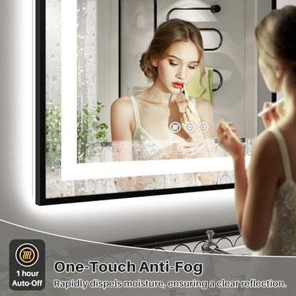 77x36 Inch LED Bathroom Mirror with Black Frame, Backlit & Front Lit