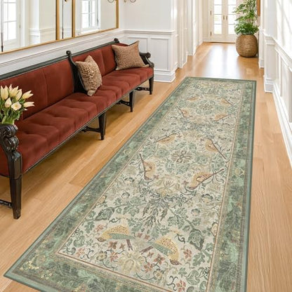 Hazo Haus 2'6"x8' Long Hallway Runner Rug - Vintage Botanical Wide Runners for Kitchen Bedroom Hall Way, Washable Non Slip with Rubber Backing, Light Green Sage Floral Décor