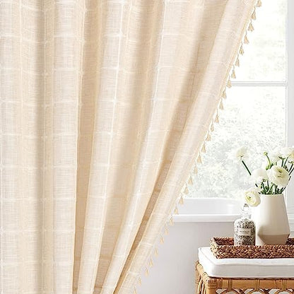 Boho Farmhouse Classic Plaid Linen Tassel Shower Curtain Cream,72x72