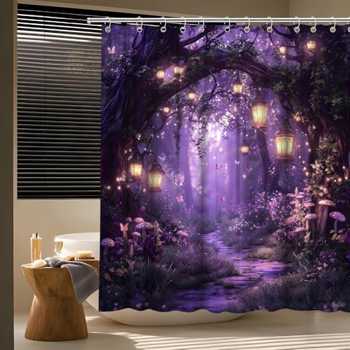 Fantasy Forest Path Shower Curtain Purple Fairy Magical Enchanted Misty Jungle Mushroom Floral Tree Butterfly Lantern Wonderland Bath Curtain Fabric Bathroom Accessories Decor with Hooks 70W x90L