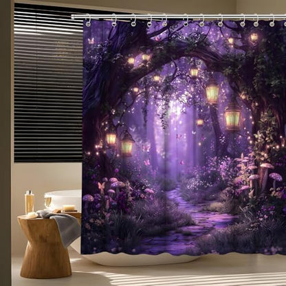 Fantasy Forest Path Shower Curtain Purple Fairy Magical Enchanted Misty Jungle Mushroom Floral Tree Butterfly Lantern Wonderland Bath Curtain Fabric Bathroom Accessories Decor with Hooks 70W x90L