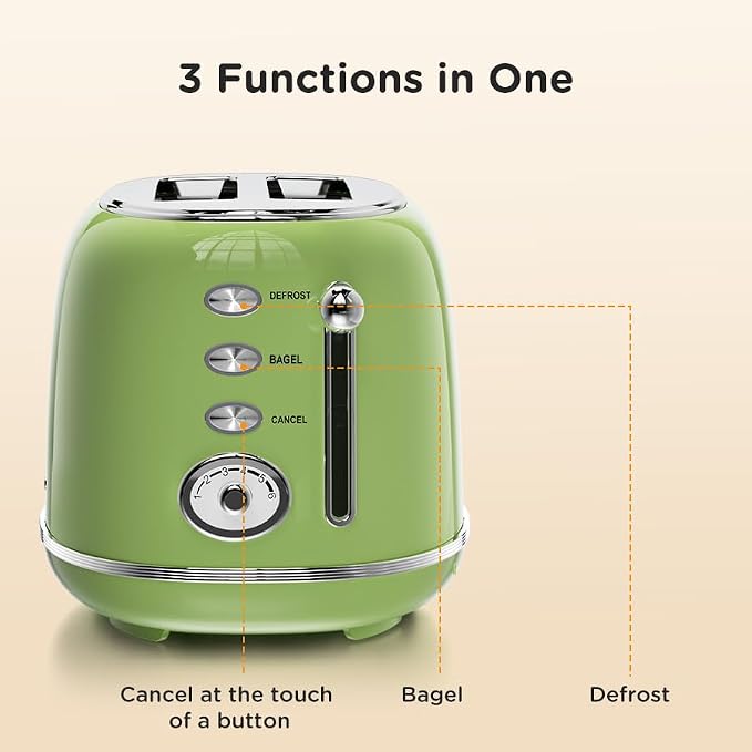 Wiltal Toaster Retro 2 Slice, Vintage Green Toaster with Lid, with Bread Attachment, Preheat, Defrost And Cancel Functions, 6 Browning Levels (Green)
