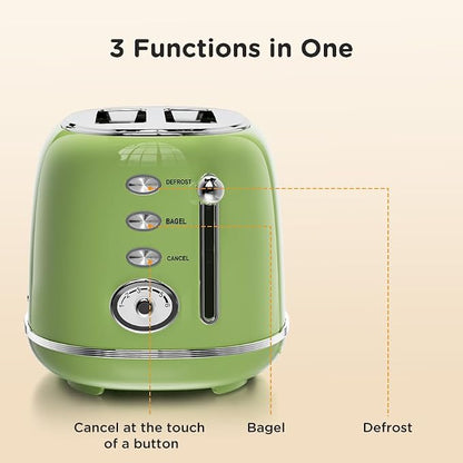 Wiltal Toaster Retro 2 Slice, Vintage Green Toaster with Lid, with Bread Attachment, Preheat, Defrost And Cancel Functions, 6 Browning Levels (Green)