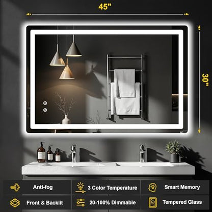 LED Bathroom Mirror with Lights, 30"x45" Lighted Vanity Mirror for Wall
