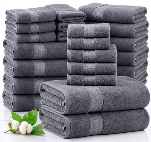 LANE LINEN 100% Cotton Bath Towels Set - 24 PCs - Durable, Quick Dry, Super Soft & Highly Absorbent - 4 Bath, 4 Fingertip, 6 Hand Towels, 8 Washcloths, 2 Bath Sheets - Perfect Family Set - Cool Grey
