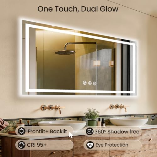 60"x36" LED Bathroom Mirror with Anti-Fog, Backlit & Front Lights, Memory