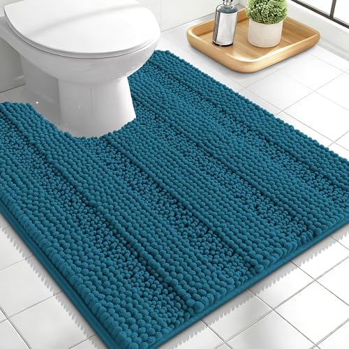OLANLY Thick Toilet Rugs U-Shaped 24x20, Chenille Bath Mat, Peacock Blue